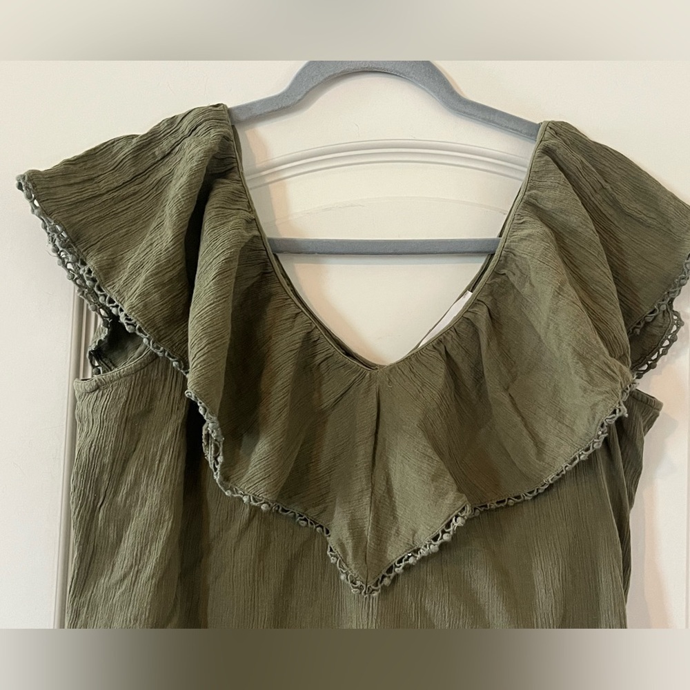 LOFT Olive Ruffle Blouse Cotton Womens Size XS - Picture 6 of 11